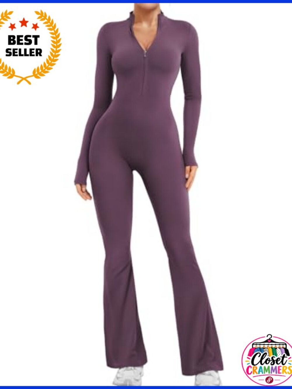 Women Long Sleeve Flare Workout Jumpsuit Zip Up Wide Leg Bodysuit